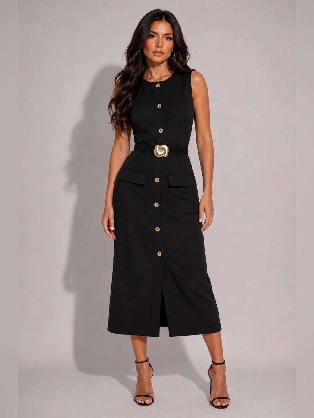 NWT Classic Button-Front Midi Dress with Belt - Black